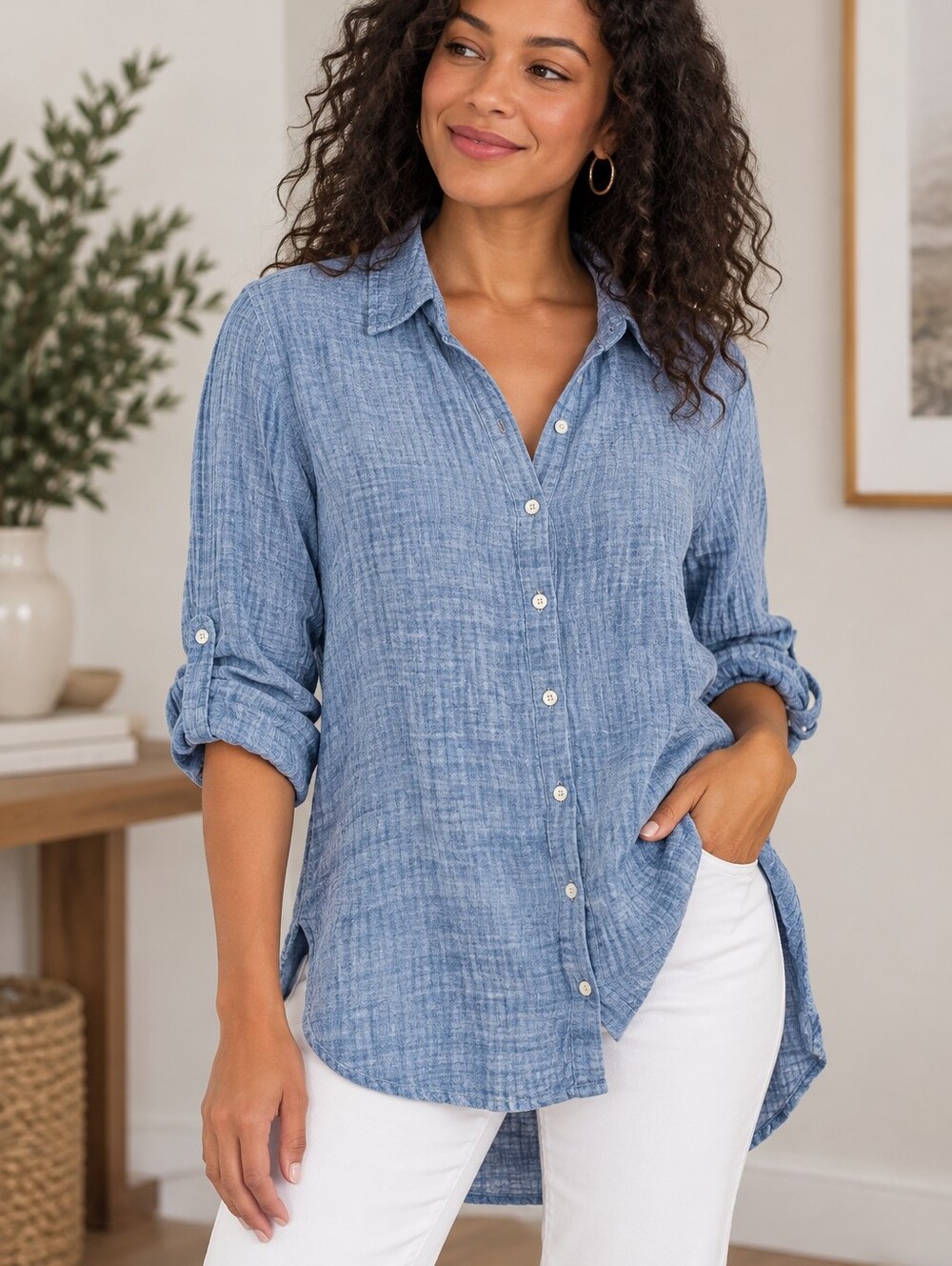 Blue Crinkled Linen Button-Up Shirt Tunic Length Coastal